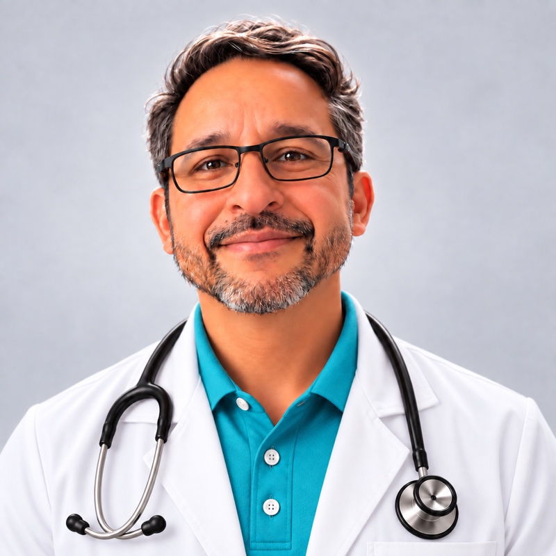 Dr. Arístides Colón Peña, con bata blanca y estetoscopio