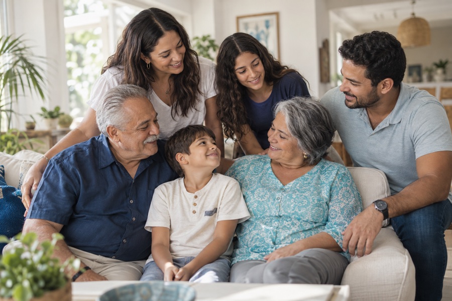 Familia de tres generaciones —abuelos, padres, una adolescente y un niño— conversando y sonriendo en la sala de su hogar
